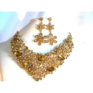 Champagne rhinestone necklace set, wedding MOB prom party evening necklace set